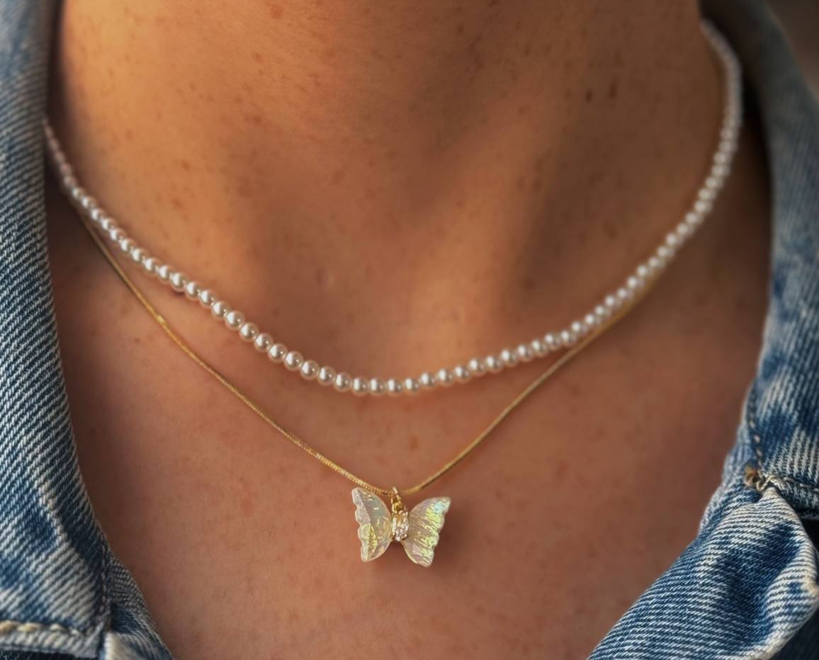 گردنبند زنانه دوردیفه مرواریدی و پروانه مینیمال دخترانه